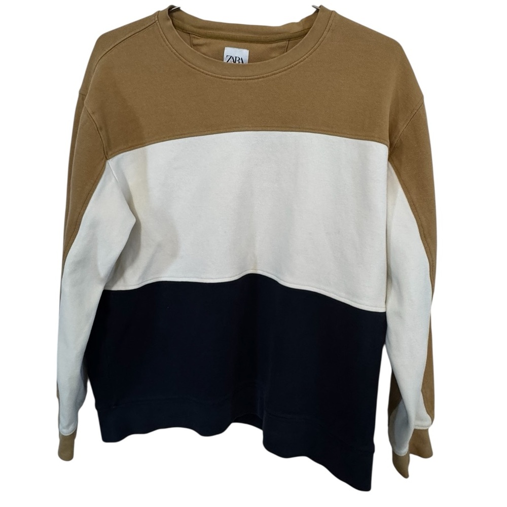 Zara High End Tan Navy White Block Striped Knit Crew Neck Men’s L Sweatshirt